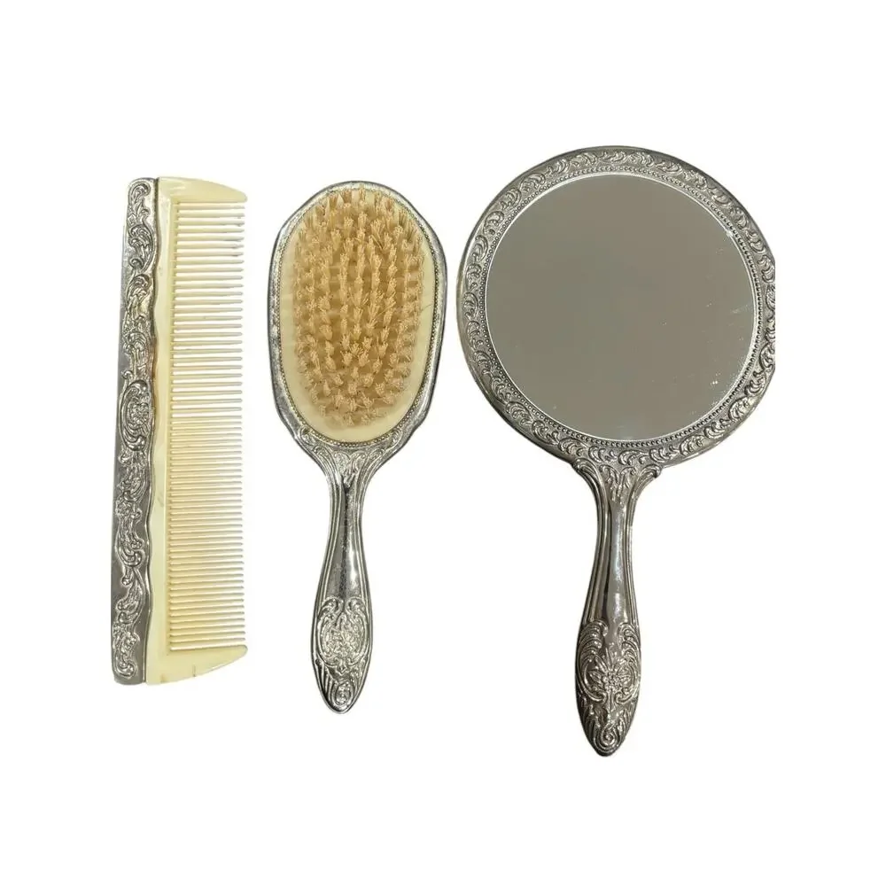 Vintage Silver Plated Vanity Set Heavy Repoussé Floral Mirror Brush Comb